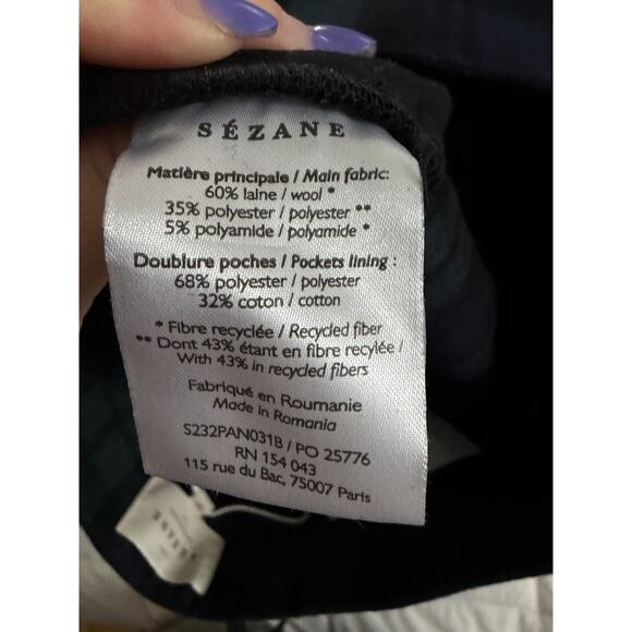 NWT Sezane Navy Green Tartan Plaid Damon Wool Trousers Wide Leg Size 38 US 6 - Picture 8 of 9